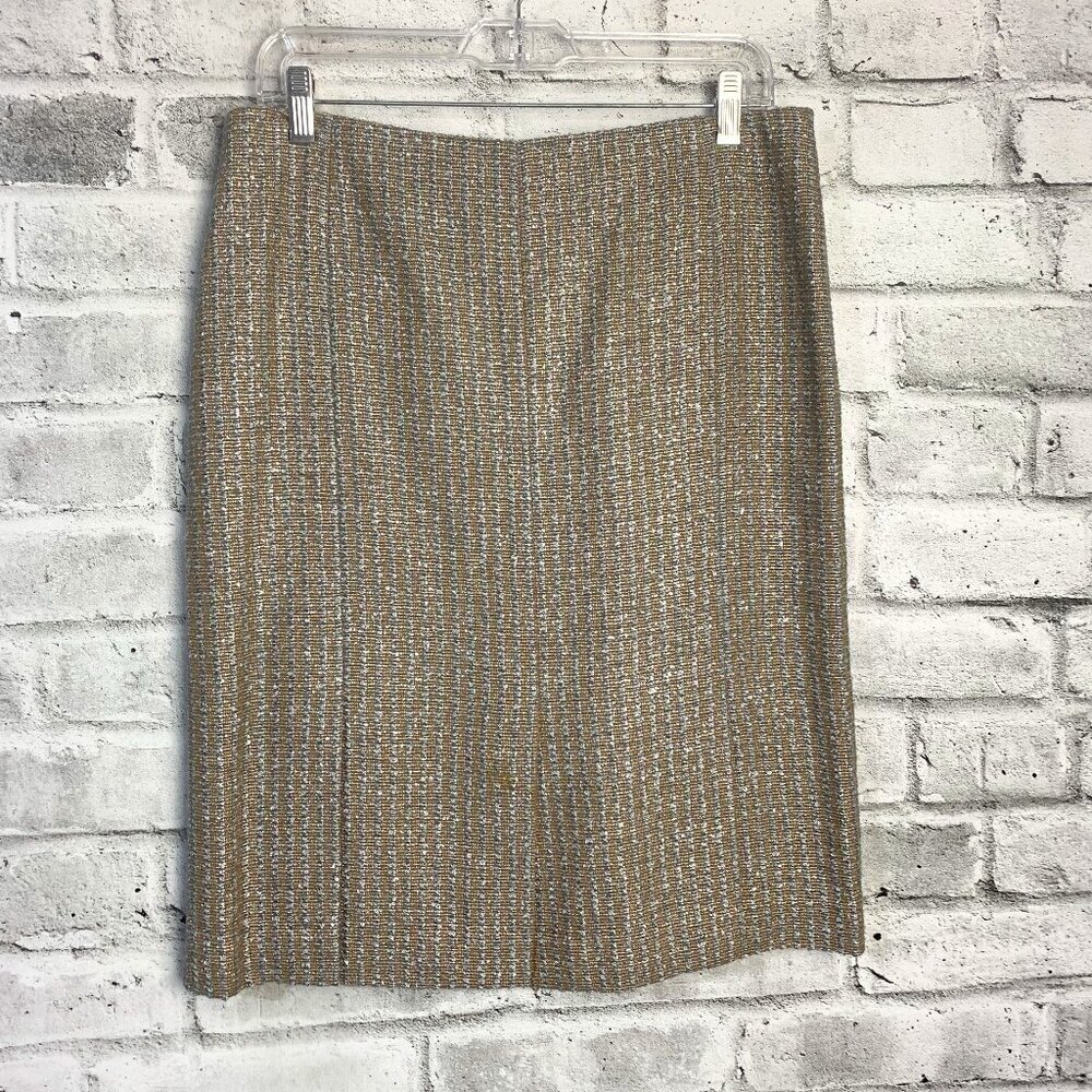 Escada Silk Wool Metallic Gold Silver Tweed Pencil Skirt EU38 USM 8 Corpcore